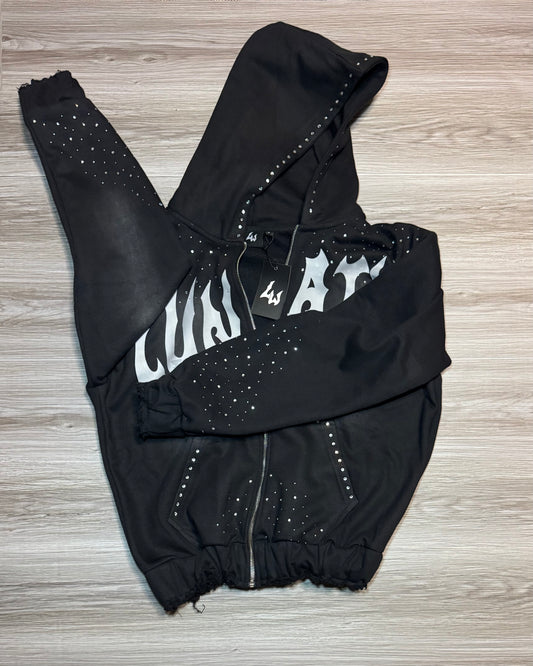 Black Rhinestone Lunatic Wrld Zip-Up